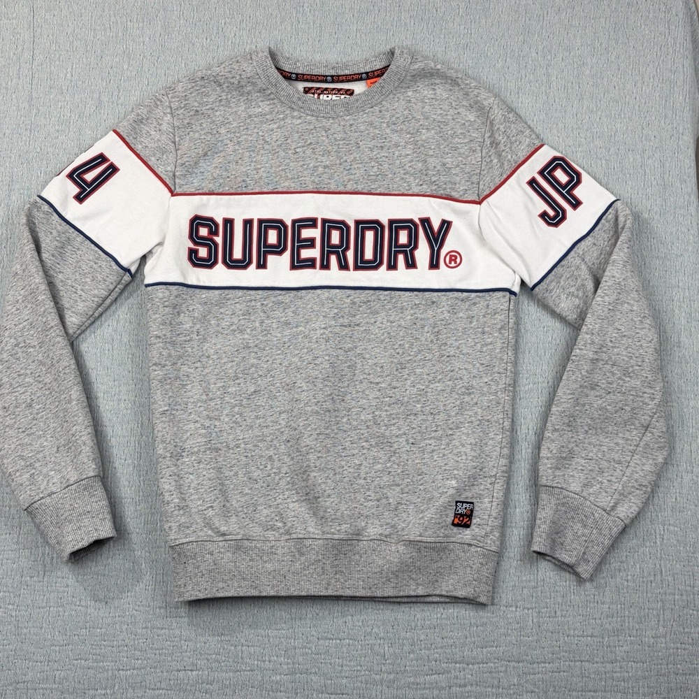 Superdry Sports Grey Stripe Logo Print Crew-Neck Sweatshirt‎ Size Medium